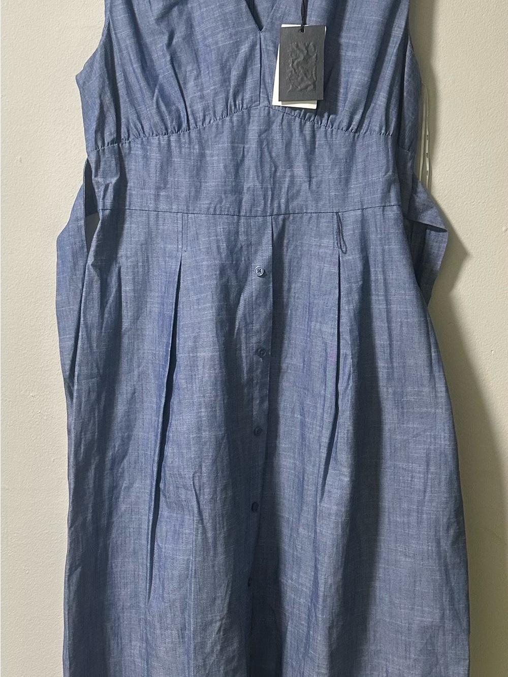 DKNY Sleeveless V-Neck
Button-Front Chambray Midi
Dress